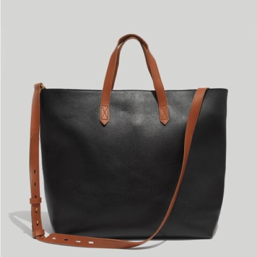 Madewell Zip Top Transport Carryall Black and Brown Leather Tote Bag